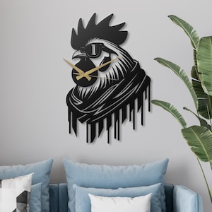 Orologio da parete in metallo con gallo, silenzioso, decorazione da cucina in stile fattoria, unico, con occhiali da sole gocciolanti, decorazione da parete con pollo, arte moderna con animali da fattoria.