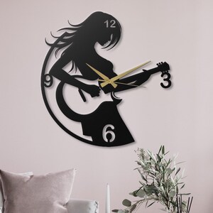 Guitar Girl Metal Wall Clock Music Art Decor Rock Roll Woman Playing Guitar Silhouette Gift for Musician Studio Home Unique Housewarming