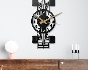 F1 Race Car Metal Wall Clock Black Formula 1 Silent Wall Art Decor Garage Man Cave Gift for Him Dad Modern Racing Automotive Metal Decor Art