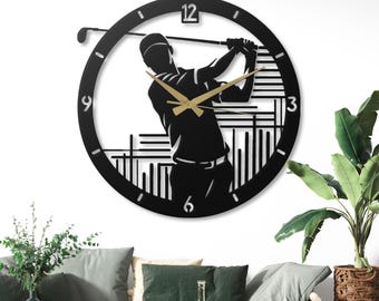 Golf Swing Metal Wall Clock Black Silent Golfer Wall Art Decor Man Cave Unique Gift for Dad Sports Lover Abstract Golfer Clock Art