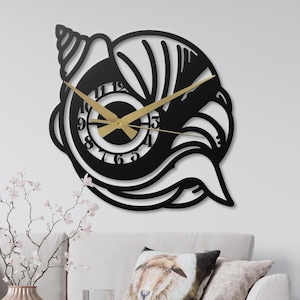 Seashell Metal Wall Clock Black Coastal Wall Art Silent Clock Nautical Beach House Decor Unique Ocean Theme Metal Wall Hanging Gift Idea