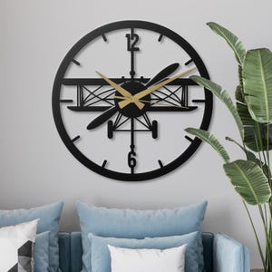 Metal Wall Clock Silent Airplane Biplane Design Aviation Wall Art Pilot Gift Aircraft Decor Unique Kids Room Nursery Man Cave Office Clock
