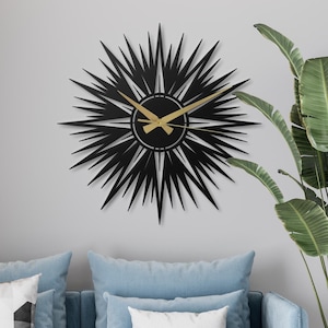 Metal Wall Clock Silent Sunburst Starburst Design Mid Century Modern MCM Wall Art Retro Atomic Age Decor Unique Home Office Living Room Gift