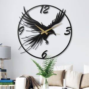 Black Metal Raven Wall Clock: Viking Norse Gothic Decor
