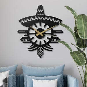 Black Metal Sombrero Wall Clock Silent Non Ticking Tribal Aztec Decor Unique Mexican Southwestern Art Gift  Home Office Living Room Kitchen