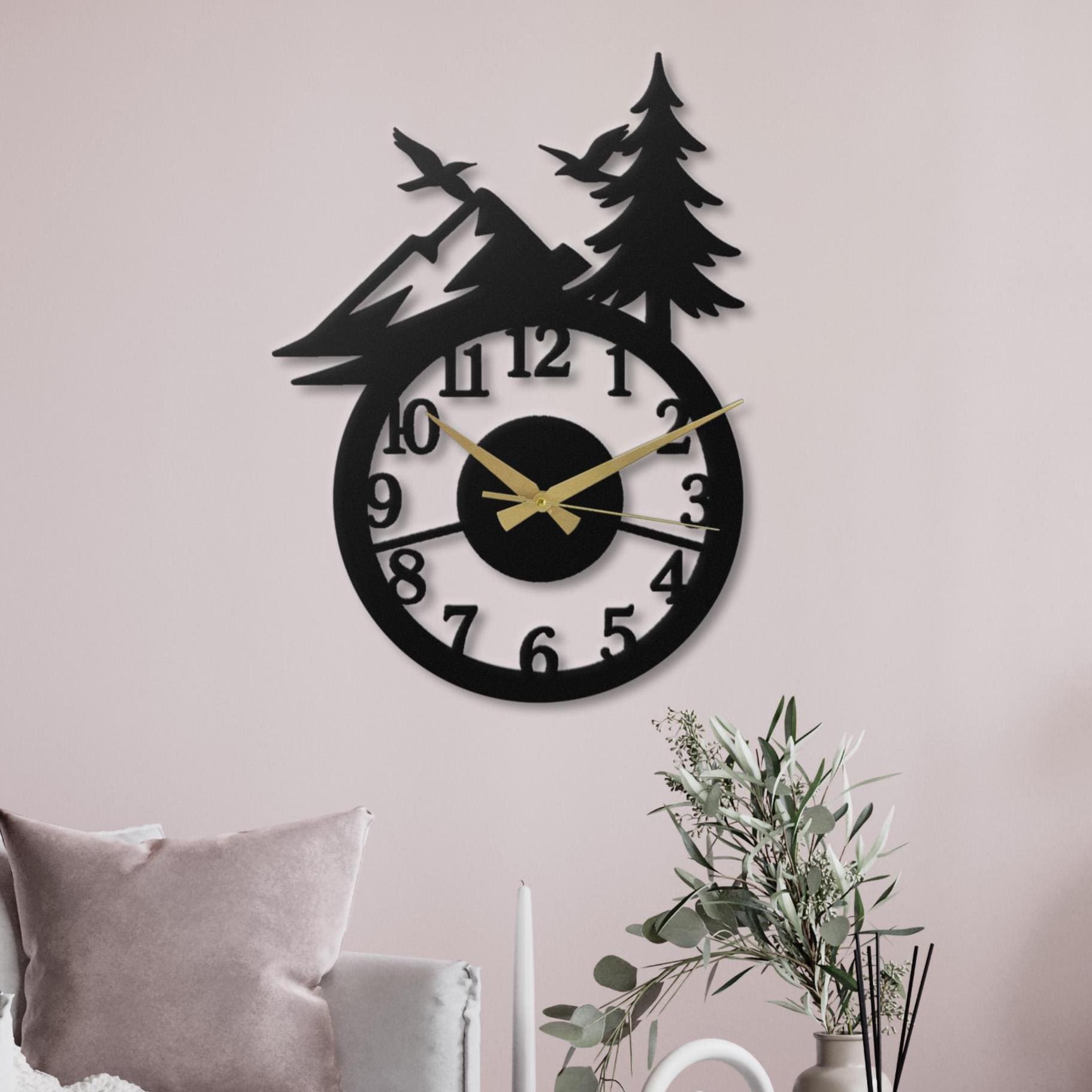 Mountain Metal Wall Clock Black Forest Pine Tree Art Silent Rustic Cabin Decor Outdoorsman Hiker Gift Nature Lover Lodge Birds Timepiece