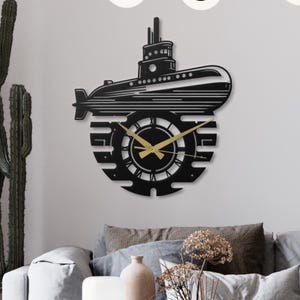 Submarine Metal Wall Clock Black Nautical Wall Art Decor Silent Steampunk Industrial Clock Man Cave Navy Gift Unique Maritime Metal Art Gear