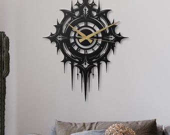 Gothic Thorn Metal Wall Clock Black Gold Silent Large Spiky Fantasy Roman Numerals Ornate Dark Punk Decor Unique Man Cave Gamer Gift Idea