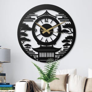 Japanese Pagoda Metal Wall Clock, Zen Garden Decor, Asian Inspired Art, Minimalist Silent Clock, Oriental Home Decor Gift - Japan
