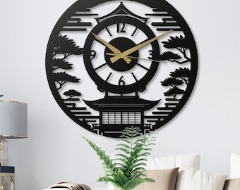 Japanese Pagoda Metal Wall Clock, Zen Garden Decor, Asian Inspired Art, Minimalist Silent Clock, Oriental Home Decor Gift - Japan