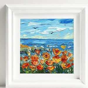 California Poppy Oil Painting: Coastal Impasto Floral Art, 4x4&quot; Mini Canvas