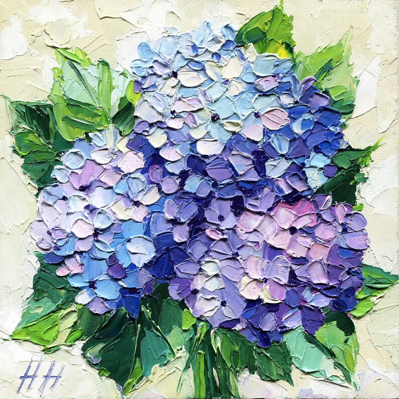 Original Blue Hydrangea Oil Painting: Impasto Floral Wall Art, Garden ...