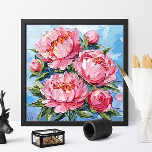 Pink Peony Oil Painting: Impasto Floral Art on Blue - 8x8&quot; by Hanna Hryharenka | HannaArtDecor
