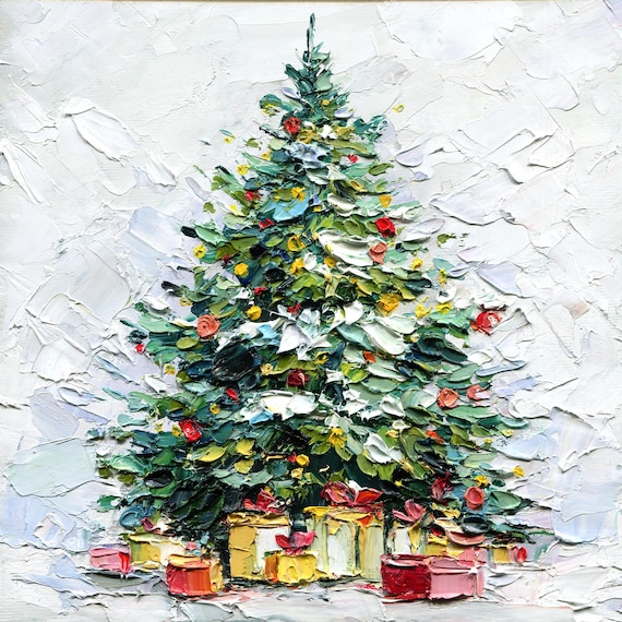 油彩画　Xmas tree Christmas Tree Oil Painting – Original Impasto Holiday Art on