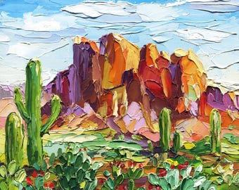 Desert Landscape Oil Painting, Impasto Cactus Mountain, Original Southwest Art, Arizona Wall Decor