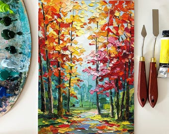オリジナルの秋の森の油絵：黄金の秋の風景画（14 x 16インチ） - Etsy