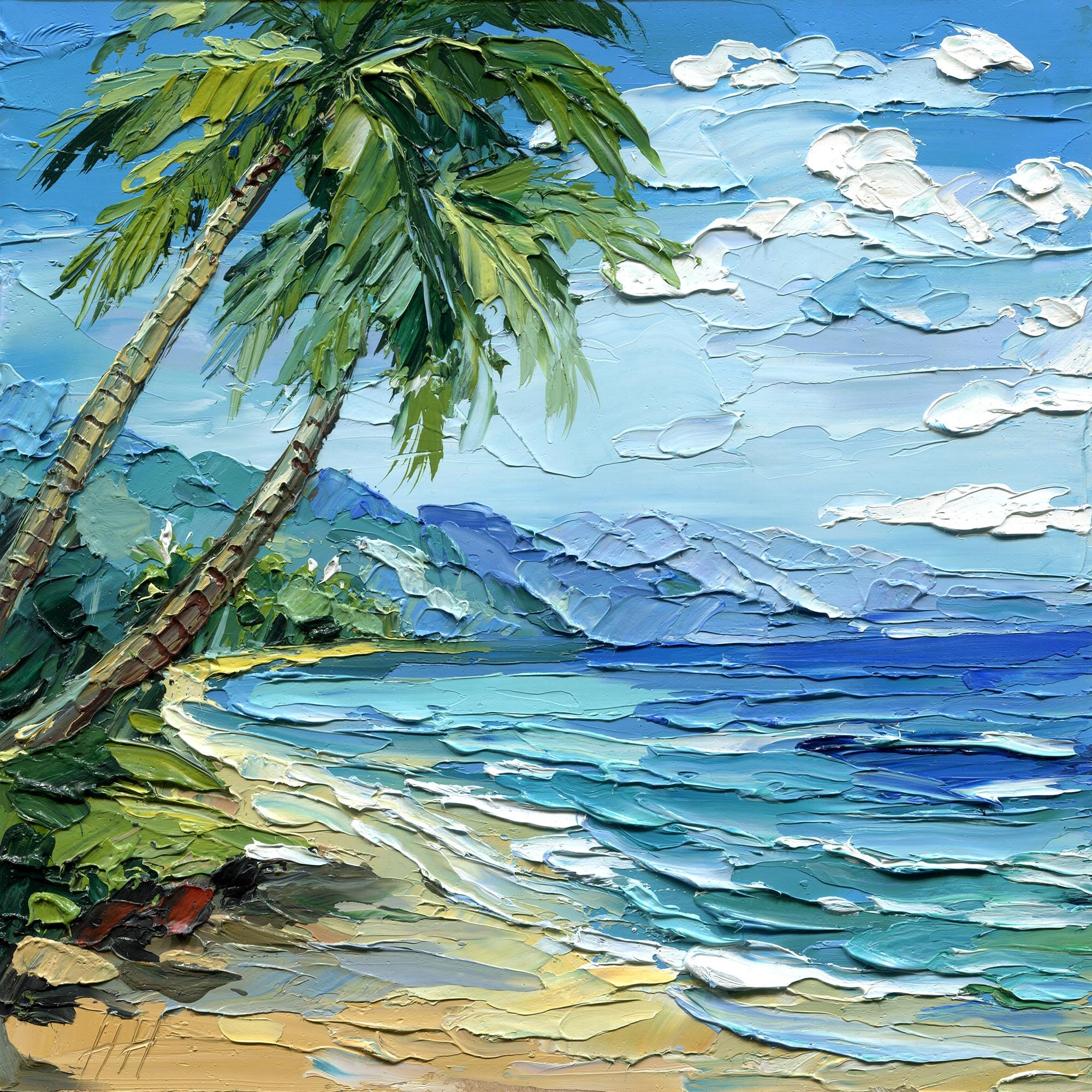 Original Hawaii Oil Painting Tropical Beach Seascape Palm Tree Impasto ...
