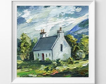 Scottish Cottage Oil Painting – Impasto Landscape Art, Textured Palette Knife Countryside Wall Decor