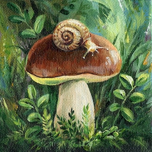 Mushroom and Snail Painting 4x4" | Forest Art | Woodland Nature Wall Decor | Original Canvas | Handmade Cottage Gift
