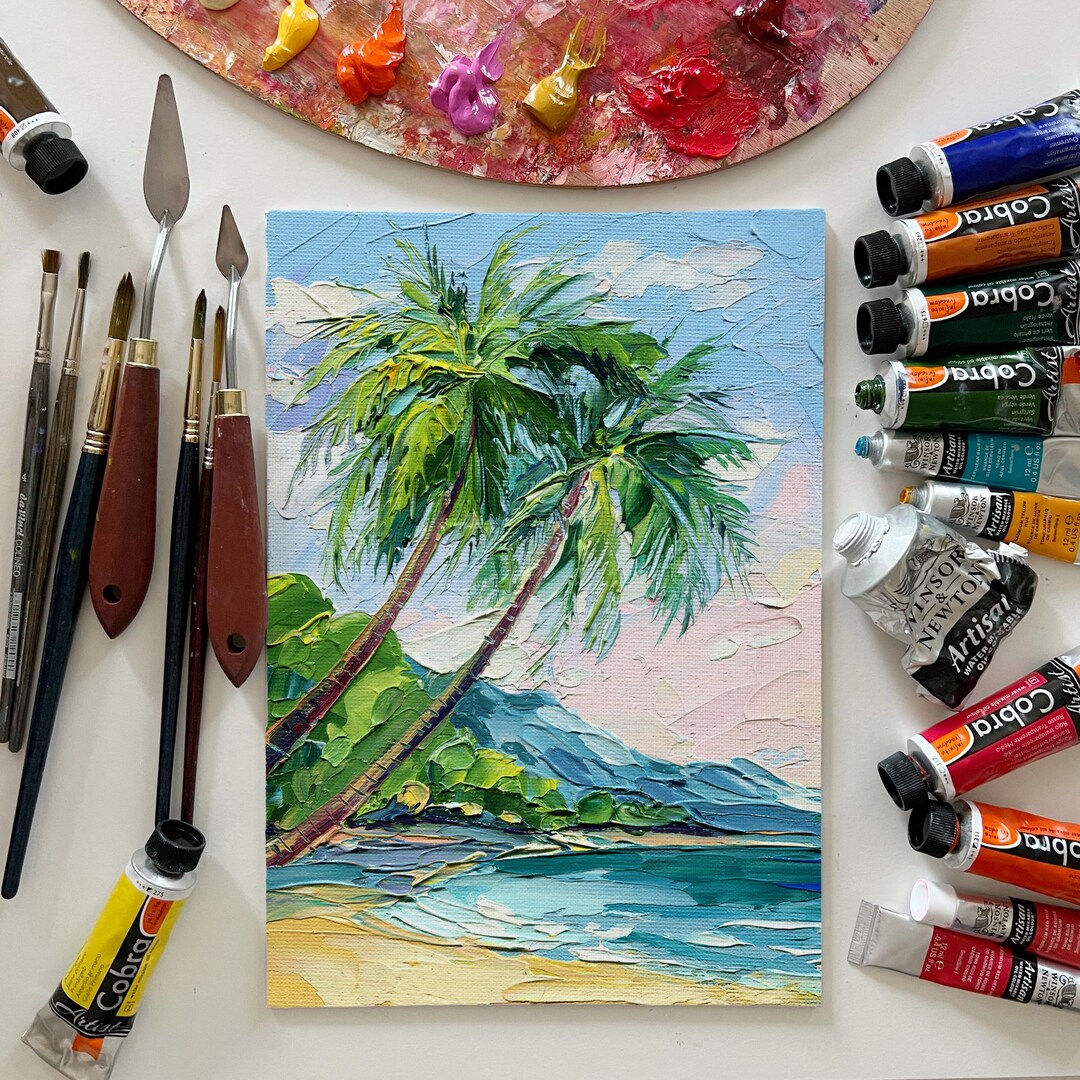 Hawaii Tropical Palm Tree Oil Painting: Impasto Texture Art Original ...