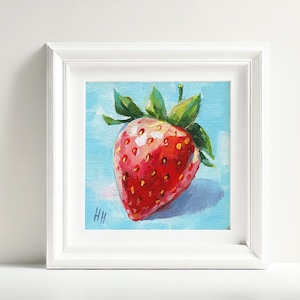 Peinture originale aux fraises - art acrylique estival sucré - baies rouges réalistes sur bleu - mini toile de décoration murale. Cadeau pour elle, maman, femme