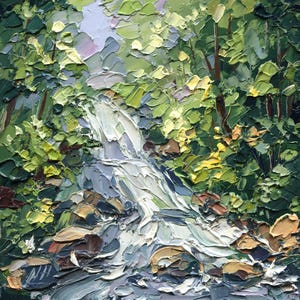 May include: An oil painting featuring a waterfall cascading over rocks, surrounded by dense foliage in shades of dark green, lime, and yellow. The thick impasto brushstrokes create a textured surface, capturing light and shadow in the forest.