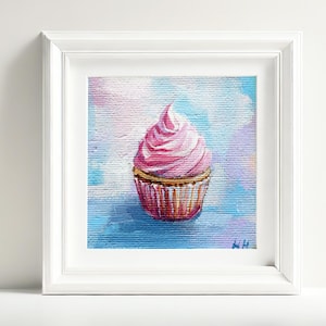 Pintura acrílica de cupcakes: obra de arte original de postre de 7,6 x 7,6 cm. Decoración de pared para cocina en tonos pastel, un dulce regalo para amantes de la gastronomía.