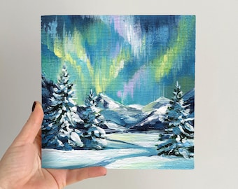 Aurora Borealis original painting, Northern lights art, Snowy Mountain Winter on canvas
