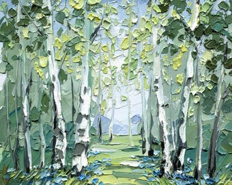 May include: Impasto oil painting of a forest scene with birch trees. The trees have white trunks and green leaves, with a path leading through the center. Blue flowers dot the ground, and the sky is a light blue.