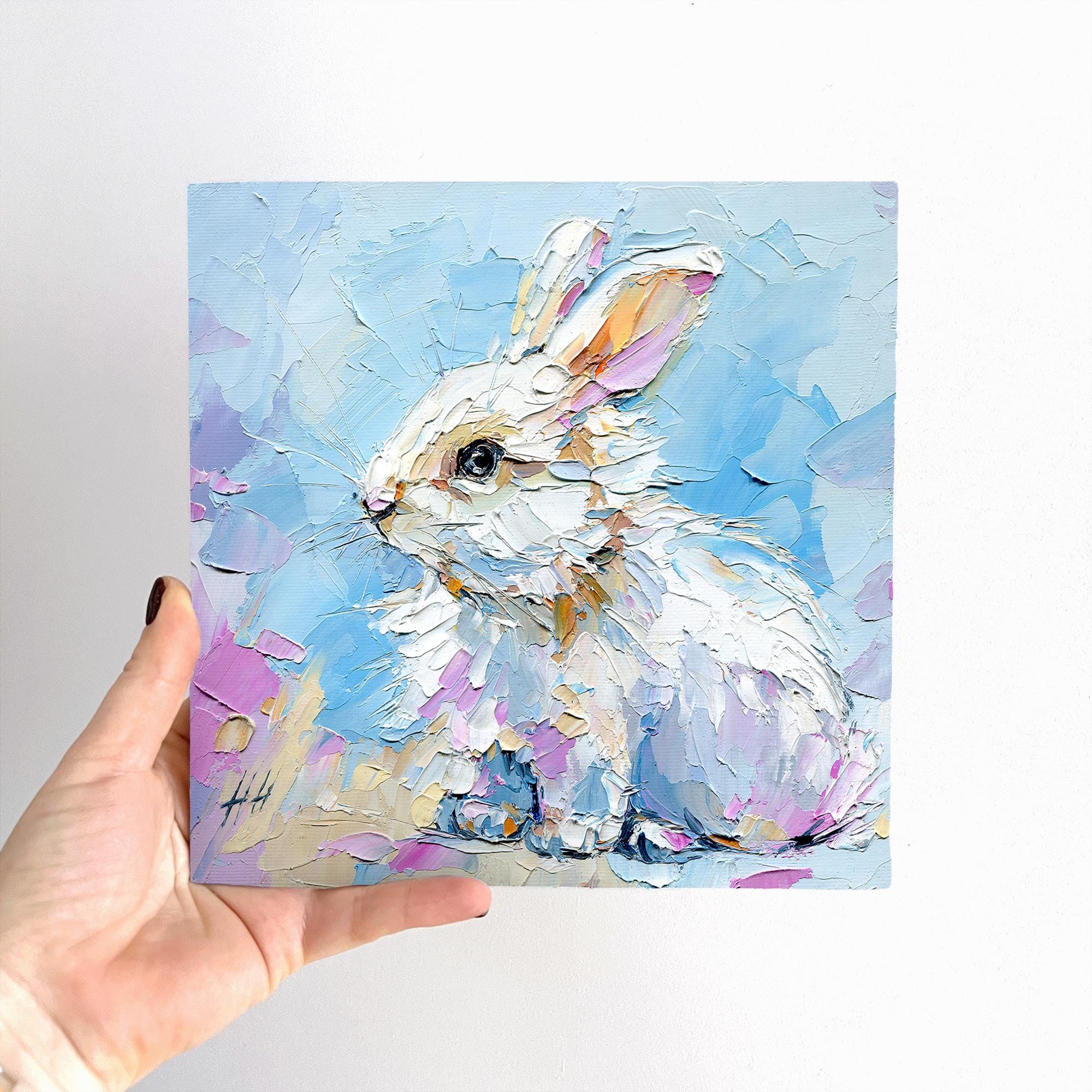 White Bunny Oil Painting: Impasto Palette Knife Animal