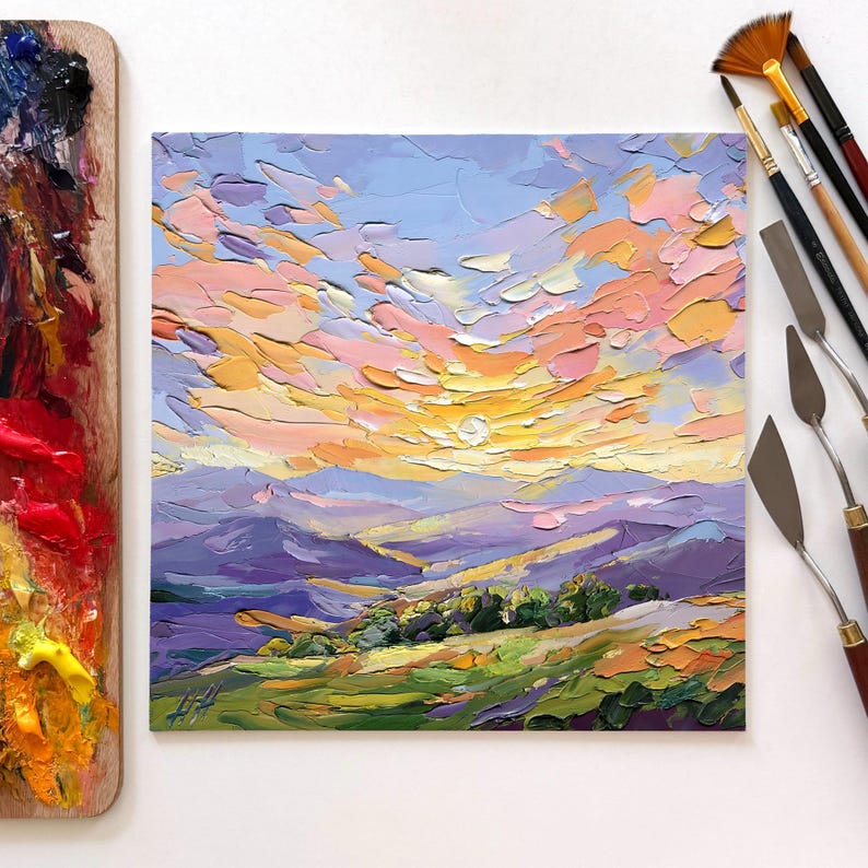 original-oil-painting-mountain-sunrise-textured-impasto-landscape