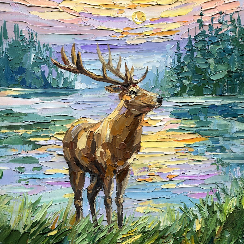 Original Deer Oil Painting: Textured Palette Knife Wildlife Art Deer by