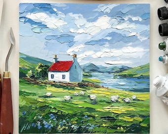 Scottish cottage sheep oil painting, Original  Impasto landscape art, Palette Knife Textured