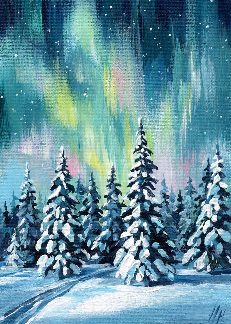 Aurora Borealis Painting: Winter Forest Landscape Original Art, Arctic ...