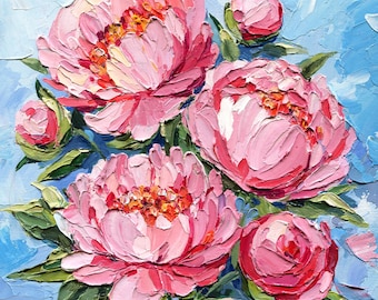 Pintura al óleo de peonías rosas: Bodegón floral texturizado con técnica impasto original, decoración de pared con flores pintadas con espátula.