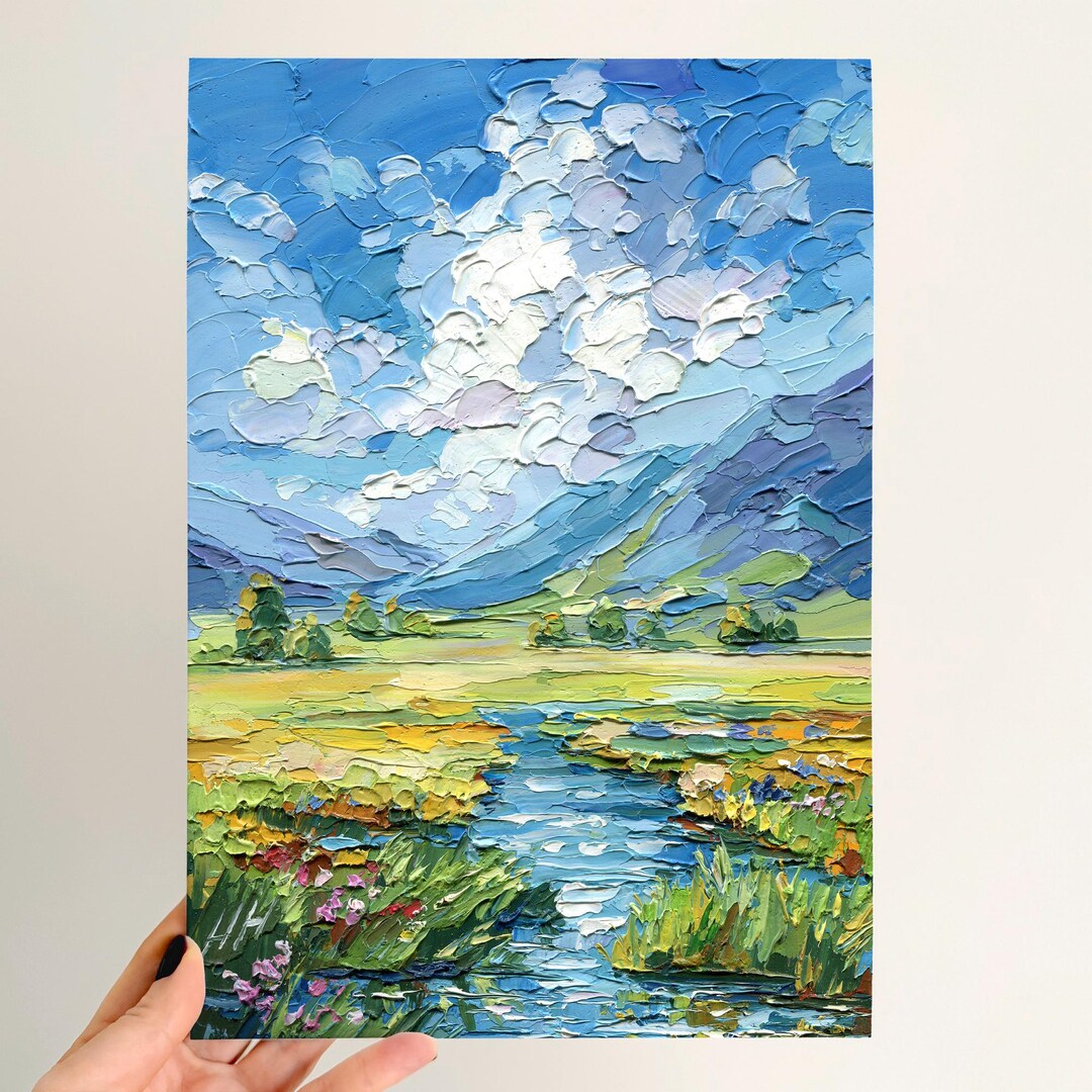 Mountain River Landscape Oil Painting, Impressionist Meadow Field ...