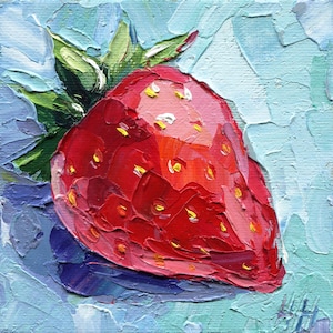 Fraise sur bleu peinture à l'huile 4 x 4" empâtements fruits rouges Art texturé petite cuisine décoration murale Mini toile cadeau original fait main pour amateur de nourriture
