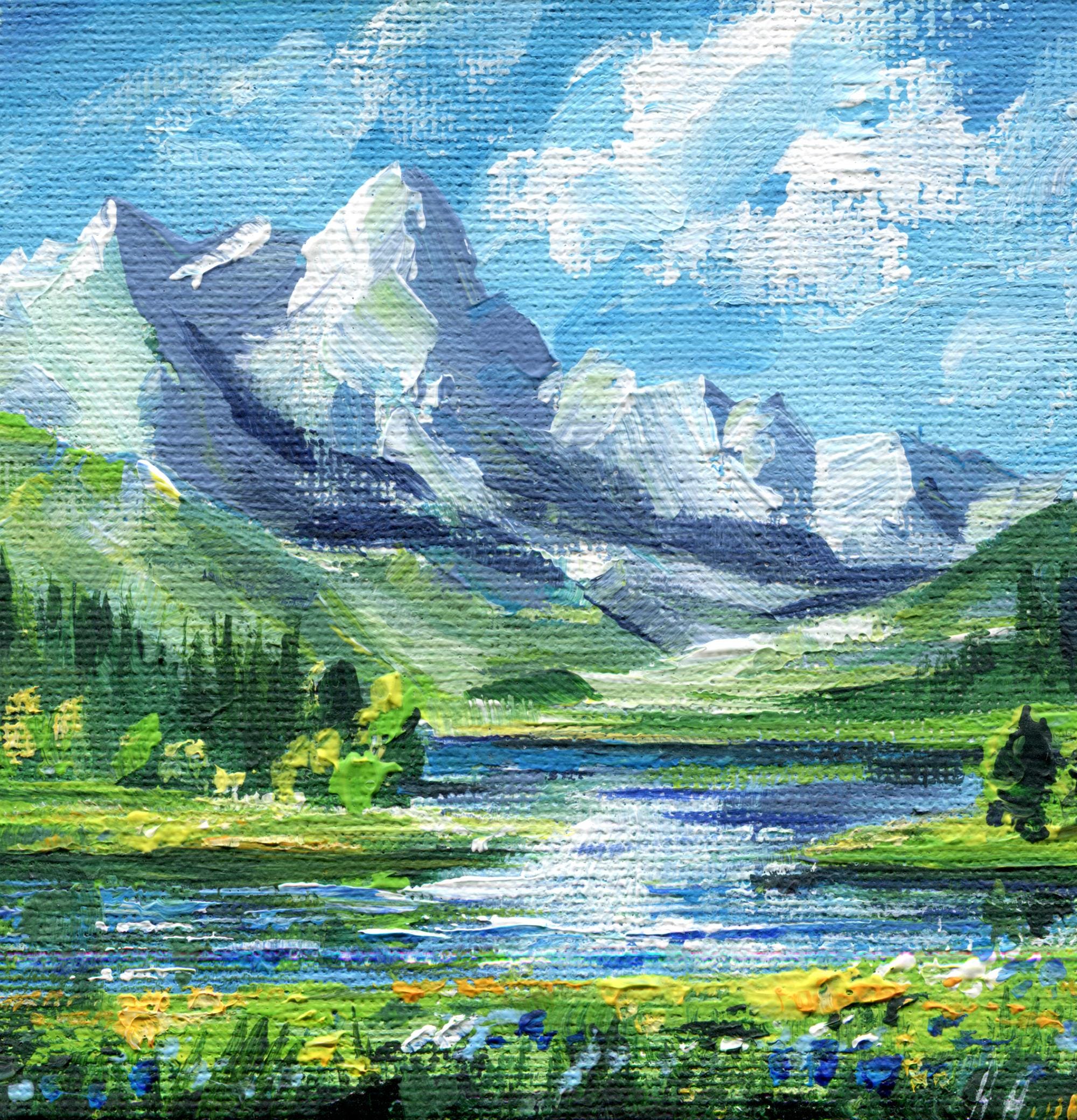 絵画 Mountain Landscape Japanese Bright Mountain Landscape Pastel Drawing Original