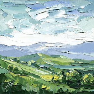 Könnte beinhalten: Impasto-Ölgemälde einer Landschaft mit sanften grünen Hügeln unter einem bewölkten Himmel. Das Kunstwerk weist dicke Pinselstriche auf, die einen strukturierten Effekt erzeugen. Die Farbpalette umfasst Grüntöne, Blau und Weiß.
