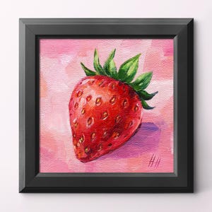 Peinture à l'huile aux fraises 4 x 4" | Art réaliste de fruits rouges | Décoration murale rose pour cuisine | Petite oeuvre d'art carrée | Cadeau fait main original