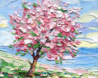 Cherry Blossom Tree Impasto Oil Painting – Original Spring Landscape, Textured Palette Knife Art