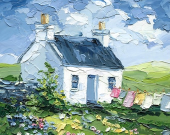 Original Cottage Oil Painting: Impasto Irish House Landscape Art, Textured Countryside Decor