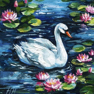 Schwan Gemälde: Mini Acryl Leinwand, Seerosenteich Art