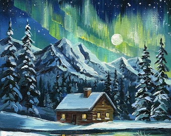 冬の小屋のプリント、オーロラの絵画、心地よい雪景色、星空のオーロラ