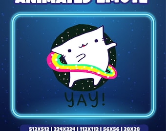 Happy Rainbow Cat Animated Emote – Cute Space Kitty “YAY” Twitch Emote, Fun Discord Sticker, Kawaii Celebration GIF | Instant Download