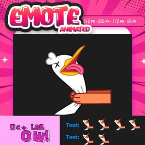 Puede incluir: Emoticón animado con un pájaro blanco con pico amarillo y lengua rosa, sostenido por una mano de dibujos animados. La palabra "EMOTE" está en la parte superior, y "ANIMATED" debajo. El texto "Do, LOA, OW!" está en la parte inferior.