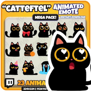 Könnte beinhalten: Eine Sammlung animierter Emoticons mit schwarzen Katzen und verschiedenen Ausdrücken, darunter Herzen für die Augen, Tränen und Wut. Das Bild enthält den Text "CATTEFTEL" ANIMATED EMOTE MEGA PACK! INSTANT DOWNLOAD" und "23 ANIMA" mit den Abmessungen 224x224 und 112x112.
