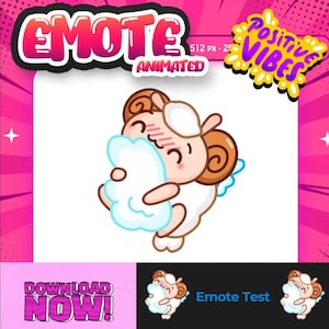May include: Animated emote featuring a cartoon sheep hugging a cloud. The sheep has brown curly horns and a white face with blushing cheeks. The image includes the text "EMOTE ANIMATED" and "POSITIVE VIBES".