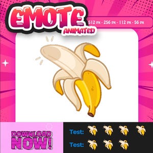 Pode incluir: Emote animado de banana com uma banana amarela e branca descascada. A palavra "EMOTE" está em uma fonte de bolha rosa e branca, com a palavra "ANIMATED" abaixo. A imagem também inclui o texto "BAIXE AGORA!" e "Test:" com emojis de banana.