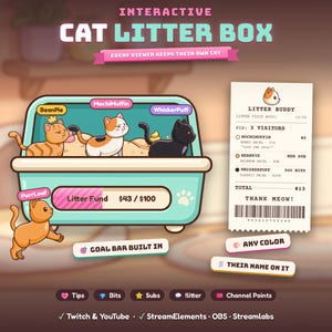 Può includere: Una sovrapposizione digitale interattiva di una lettiera per gatti con tre gatti cartoon chiamati BeanPie, MochiMuffin e WhiskerPuff in un contenitore verde acqua. Include una ricevuta Litter Buddy, una barra di avanzamento Litter Fund a $43/$100 e icone di testo per Tips, Bits, Subs, !litter e Channel Points.